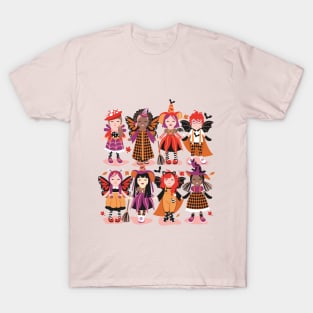 Witches dance // spot illustration // pink background red orange and berry pink halloween fantasy costumes T-Shirt